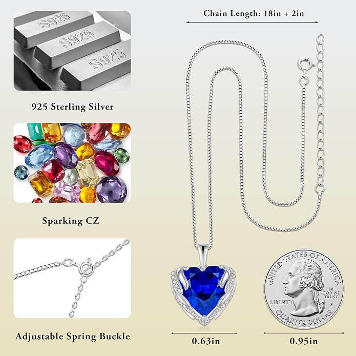 Angel Wings Necklace for Women 925 Sterling Silver Cubic Zirconia Love Heart Birthstone Pendant Necklaces