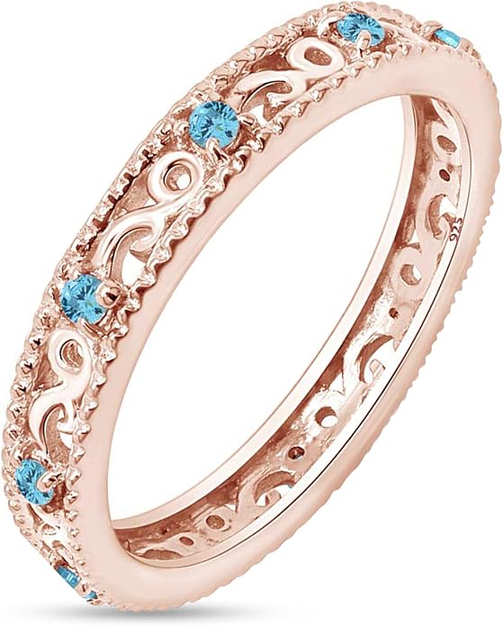 Jewel Zone US Filigree Eternity Wedding Band Ring for Women, Round Cut Simulated Gemstone Stackable Promise Ring in 14K Gold Plated 925 Sterling Silver Band Width 3.5mm – Elegant Jewelry for Her