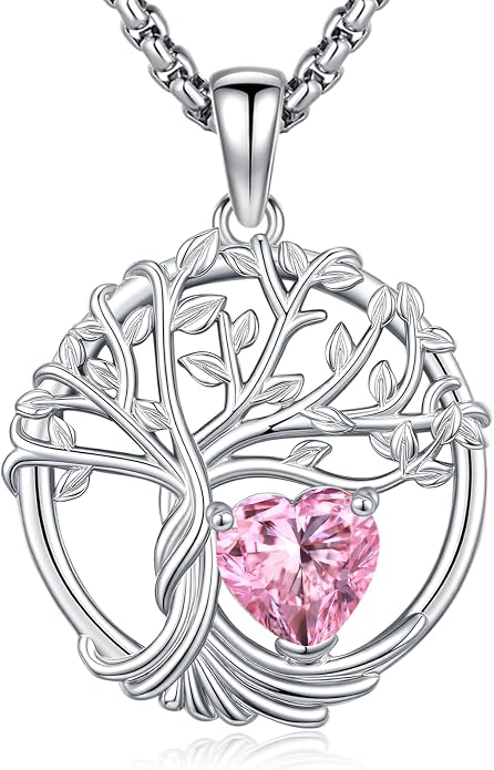 Birthstone Tree of Life Necklace for Women Heart Crystal Pendant Silver Plated Birthday Anniversary Jewelry for Wife, Mom, and Her