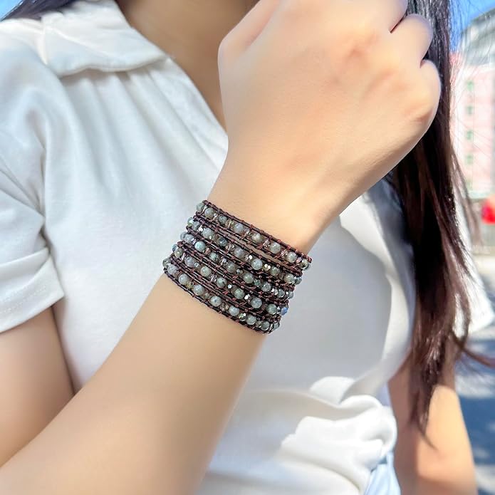 KELITCH Pearl Crystal Beads Bracelets Handmade Natural Leather 5 Wrap Bracelet for Women Classic Bangle Jewelry
