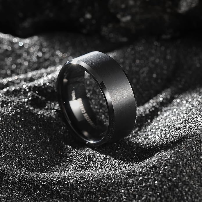King Will Tungsten Men's Wedding Ring - Available in 6mm to 10mm, Black/Silver, Matte Finish, Beveled Polished Edge, Comfort Fit