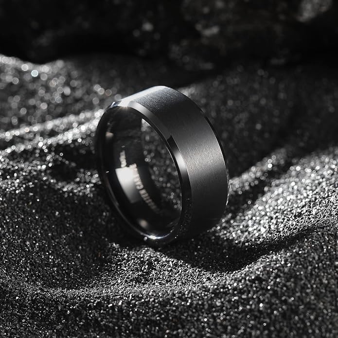 King Will Tungsten Men's Wedding Ring - Available in 6mm to 10mm, Black/Silver, Matte Finish, Beveled Polished Edge, Comfort Fit