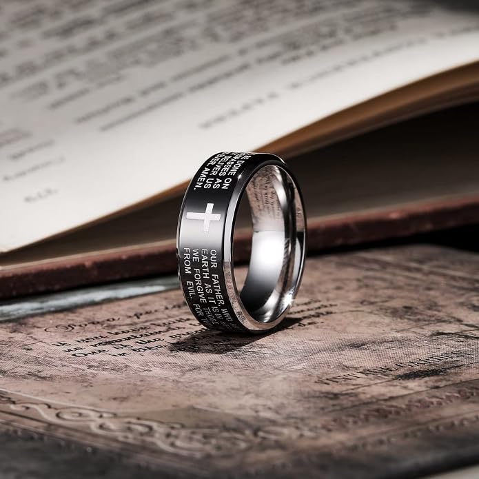King Will Stainless Steel Men Ring Lord's Prayer Cross Ring Stainless Steel Men Wedding Ring, Wedding Band Bible Engraved Rings High Polished, Comfort Fit