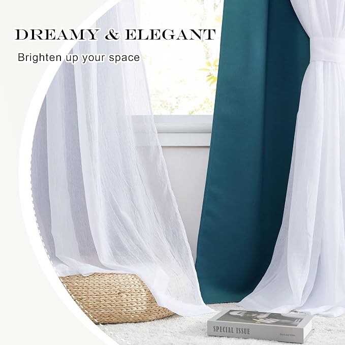 PONY DANCE 2 Layers Curtains Set - Room Darkening Mix & Match Room Darkening Curtains with White Sheer Voile, 52" Wide and 84" Long, Ink Blue, 2 Panels
