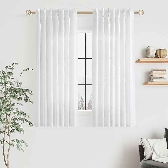 Aersas White Pinch Pleat Linen Curtains 45 Inch Long for Kitchen Pleated with Hooks Back Tab Light Filtering Boho Farmhouse Short Semi Sheer 45 Inch Cafe Curtain for Dining Room RV Small Window