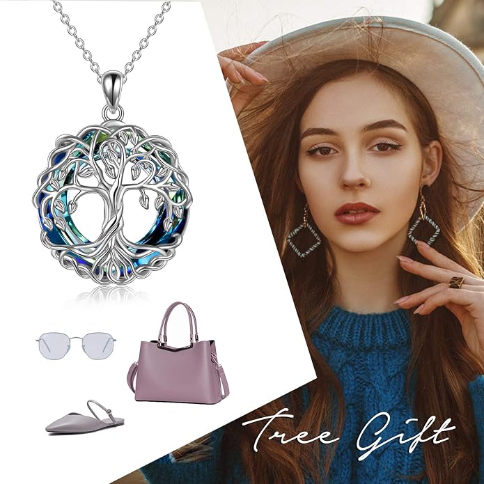POPLYKE Tree of Life Necklace for Women Sterling Silver Celtic Knot Family Tree With Blue/Purple/Volcano Crystal Irish Gifts for Mom Wife Birthday Christmas