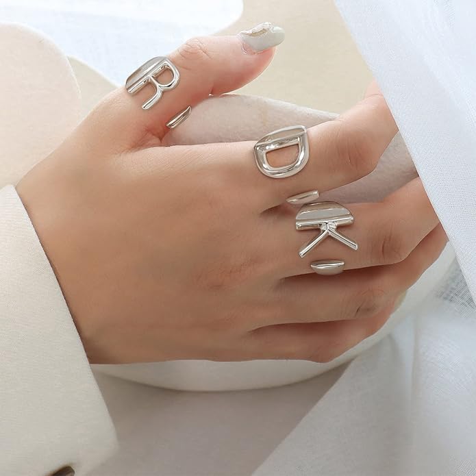 KeyStyle Bold Initial Letter Rings Adjustable, GoldChic Jewelry Women Gold Statement Ring Personalized Engraved Women’s Open Signet Ring for Party (Gold, White Gold, Black)