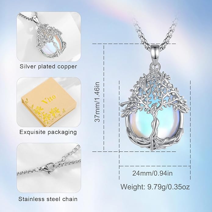 Vito Tree of Life Necklace for Women Men, Silver Plated Copper Teardrop Moonstone/Obsidian/Turquoise/Amethyst/Malachite Crystal Tree Necklace Protection Energy Amulet Jewelry Gift for Mom Wife, 20+2"