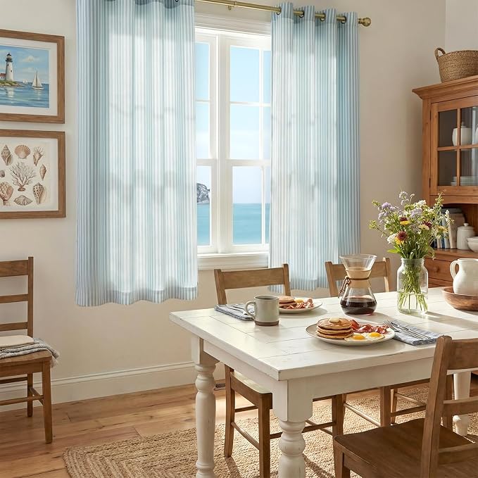 Vangao Linen Striped Curtains for Living Room Bedroom Farmhouse Tickingstripe Light Filtering Window Curtains Printed Drapes Grommet Top 2 Panels Aqua Blue on Off White W50 x L63 Inch