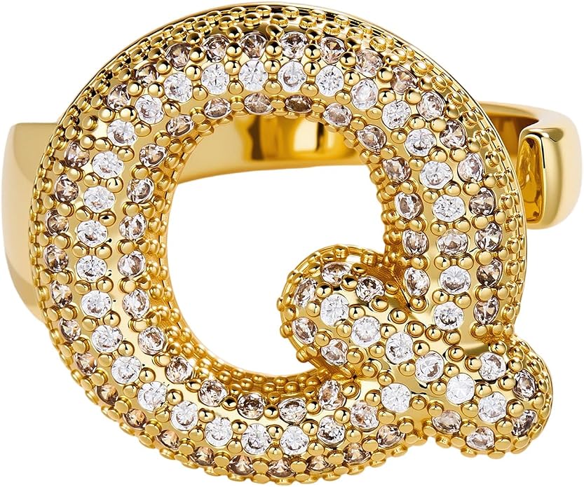 Cicy Bell Initial Rings for Women 14k Gold Plated Cubic Zirconia Delicate Letter Chunky Statement Open Rings Gifts for Her