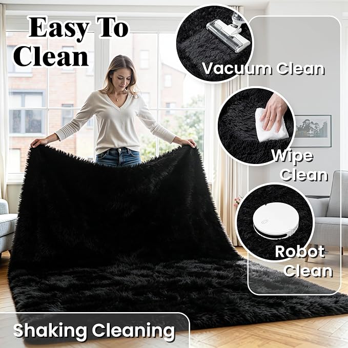 4x6 Area Rug for Living Room, Ultra Soft Fluffy Black Rugs for Bedroom, Non Slip Large Shag Carpet, Fuzzy Plush Nursery Rug, Thick Washable Indoor Floor Carpets for Kids Office Dorm Home Decor