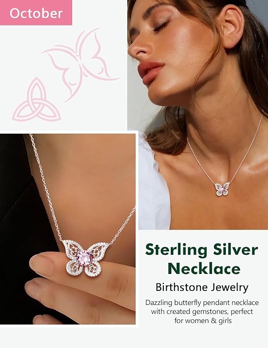 925 Sterling Silver Birthstone Necklaces for Women, Dainty Cute Dragonfly/Butterfly Pendant Necklace, Great Christmas/Anniversary Jewelry for Mother