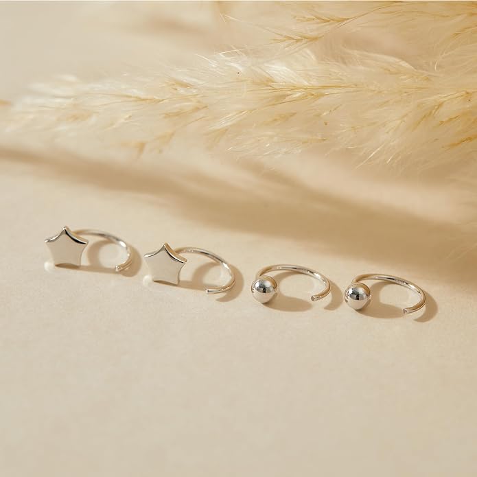 CHIC & ARTSY 925 Sterling Silver Half Hoop Earrings for Women, Small Huggie Hoops Set with Ball Bar Star Moon Cross & Pearl, Lightweight Comfort Fit Everyday & Sleep Earrings
