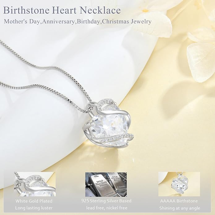 Heart Necklace for Women 925 Sterling Silver Infinity Love Heart Birthstone Necklace Pendant Hypoallergenic Jewelry for Women