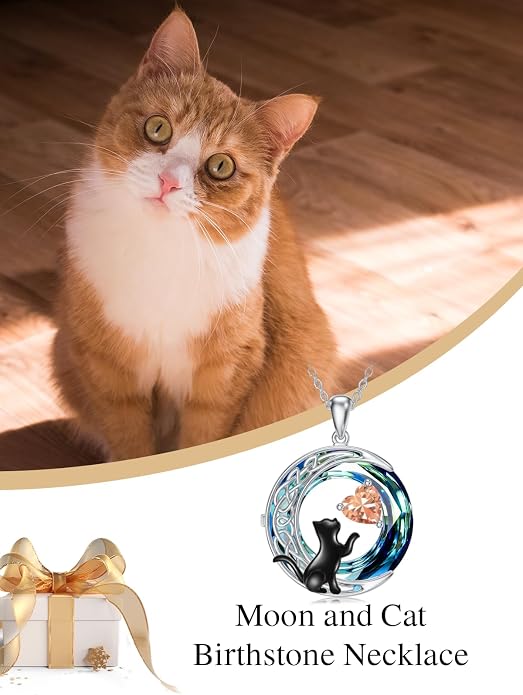 TOUPOP Cat Gifts for Cats Lovers 925 Sterling Silver Black Cat Necklace Celtic Moon Birthstone Jewelry for Women Anniversary Birthday Gift for Her Wife Mom