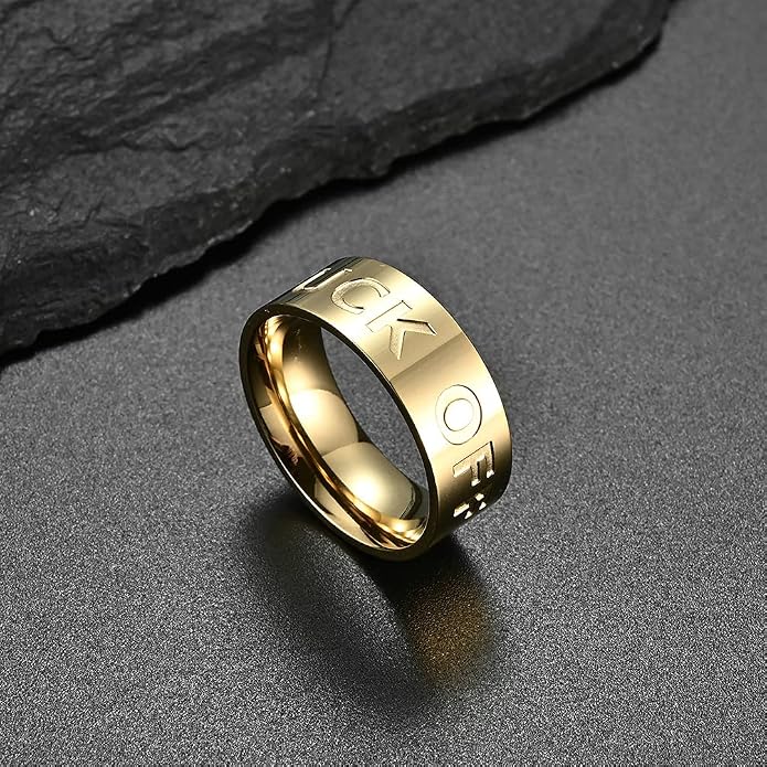 Men's Stainless Steel Cool Personalized Ring Engraved Fuck Off Inspirational Band Silver Gold