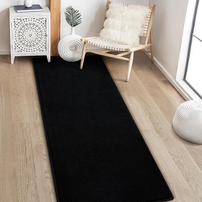 Gifeas Ultra Soft Modern Runner Rug for Hallway Bedroom, 2x6 Feet Black Thickened Memory Foam Indoor Solid Minimalist Carpets, Non-Slip Comfy Area Rug for Boys Girls Living Room Nursery Home Decor
