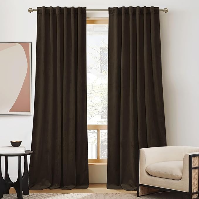 RYB HOME Brown Velvet Curtains 63 inches, Back Tab Soft Fabric Room Darkening Thermal Insulated Luxurious Home Decor Curtains for Living Room Bedroom, W 42" x L 63", 2 Panels Set