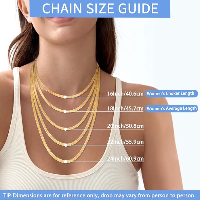 Jewlpire 3mm 4mm 5mm Herringbone Necklace 18K Gold Plated 925 Sterling Silver Chain Necklace for Women, Flat Snake Chain Necklace, Women's Chains Necklaces 16 18 20 22 24 Inch