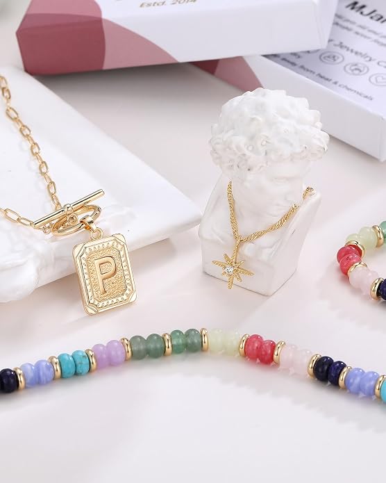 MJartoria Layered Initial Necklaces for Women Trendy, 14K Gold Plated Brass Simple Star Choker Square Letter Pendant Necklace, Colorful Beaded Necklaces Jewelry Gifts