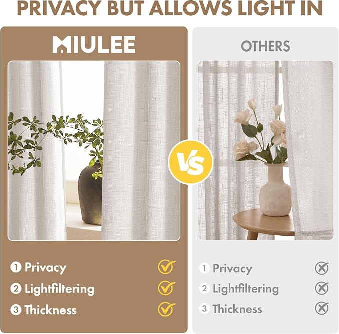 MIULEE Thick Linen Curtains, 42Wx84L, 2 Panels Nautral Light Filtering | Semi Sheer Window Privacy Drapes with Back Tab Rod Pocket for Farmhouse/Living Room/Bedroom, Set of 2 Ivory