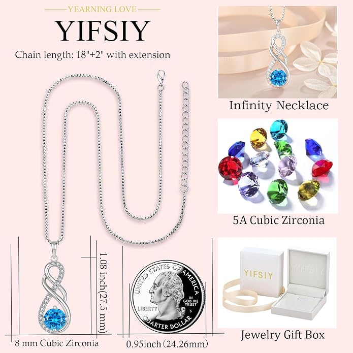 Gemstone Infinity Pendant Necklaces for Women, S925 Sterling Silver Round cut Zircon Necklace Birthstone Jewelry Gift for Her
