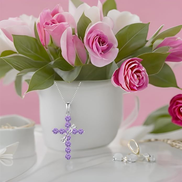 Rotated Crown Cross Necklaces for Women, 925 Sterling Silver Round Cut Zircon Neckalce Pendant With Ring Birthstones Jewelry for Her