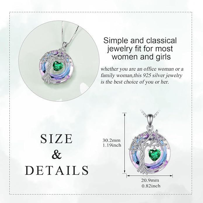 POPLYKE Mothers Day Gifts for Mom Her Wife Tree of Life Necklace 925 Sterling Silver Birthstone Pendant with Crystal Anniversary Birthday Wedding Jewelry for Women
