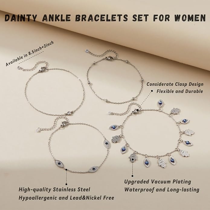 LOFITOR Ankle Bracelets for Women Glitter Waterproof Adjustable Anklet Set for Women 18K Gold Plated Silver Charm Dainty Layered Anklets, Summer Beach Anklet Jewelry for Women