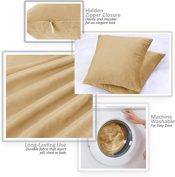 Nestl Throw Pillow Covers, Cozy Velvet Decorative Outdoor Pillow Covers 16 x 16 Inches, Soft Solid Cushion Covers for Sofa, Bed and Car, Set of 2 - Camel Gold