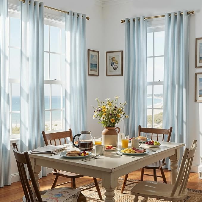jinchan Linen Curtains 96 inch Aqua Blue Stripe on White Grommet 2 Panels | Curtains for Living Room Bedroom,Ticking Vertical Stripe ,Modern Beachy Coastal Drapes,Window Treatment,Light Filtering