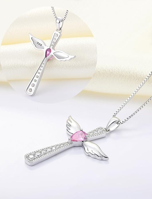 YL Cross Necklace 925 Sterling Silver Angel Wings Pendant Teardrop Birthstone Criss Jewelry for Women