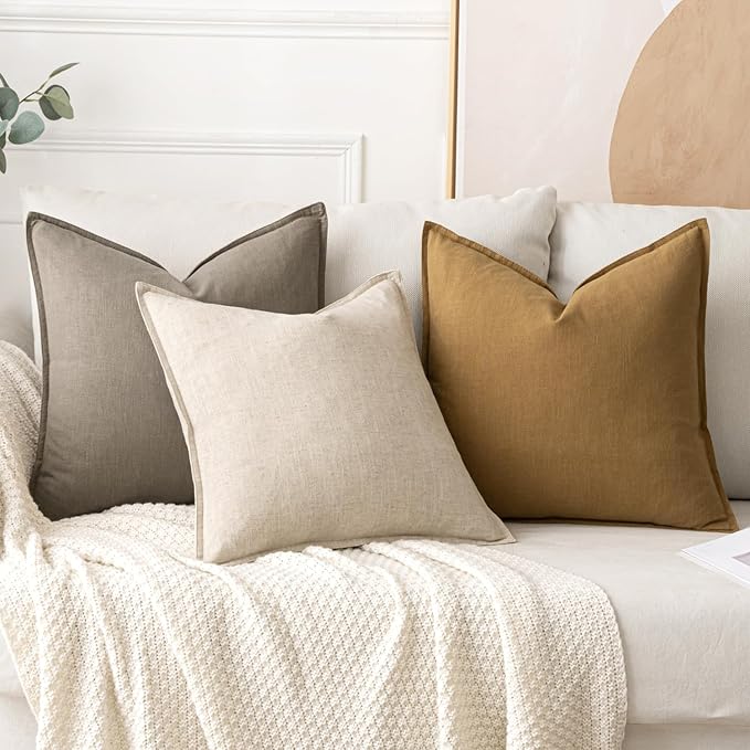 MIULEE Decorative Linen Pillow Covers 18x18 Inch Tan Taupe | Boho Farmhouse Neutral Couch Throw Pillows for Bed, Pack of 2 Accent Modern Pillowcases, Sofa Livingroom Home Decor