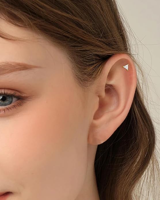 COCHARM 14K Real Gold Helix Cartilage Conch Earring, 16g Flat Back Triangle Tragus Piercing Jewelry, Solid Gold Lip Ring Stud, Yellow Gold Labret Jewelry