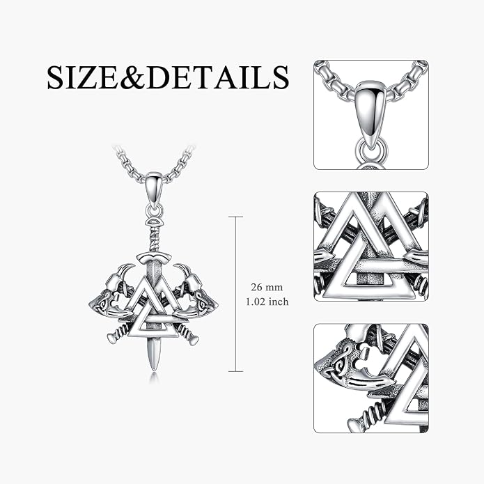 PROESS Viking Valknut Necklace S925 Sterling Silver Viking Knot Nordic Sword Necklace Celtic Axe Amulet Dagger Pendant Jewelry Gifts for Men Women