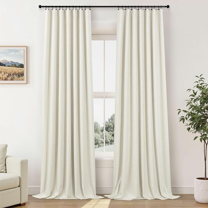 Extra Wide 60 Inch Width 100% Blackout Linen Curtains 102 Inches Long 2 Panels for Living Room Bedroom Darkening Thermal Insulated Cream Ivory Window Sliding Door Drapes Back Tab 60 x 102 Inch Length