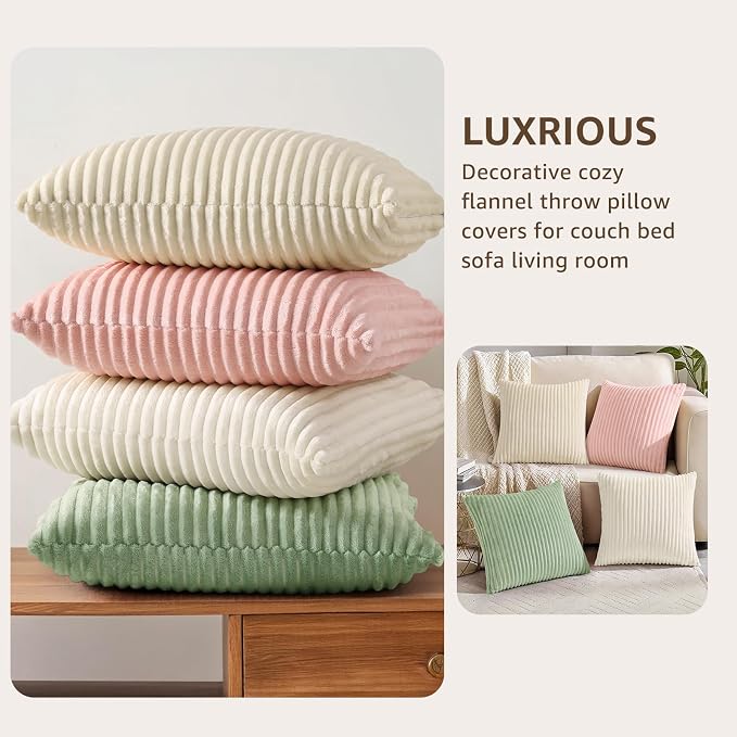 decorUhome Flannel Neutral White Throw Pillow Covers 20X20 Set of 4 | Decorative Fall Soft Fluffy Striped Double-Sided Couch Pillow Covers, Modern Farmhouse Pillow Cases for Sofa bed Home Decor