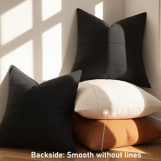 ZWJD Decorative Linen Throw Pillow Covers 20x20 Set of 2 Solid Handcrafted Striped Cushion Covers for Bed Soft Modern Farmhouse Neutral Pillowcase for Couch Bedroom Living Room Home Decor(Black)
