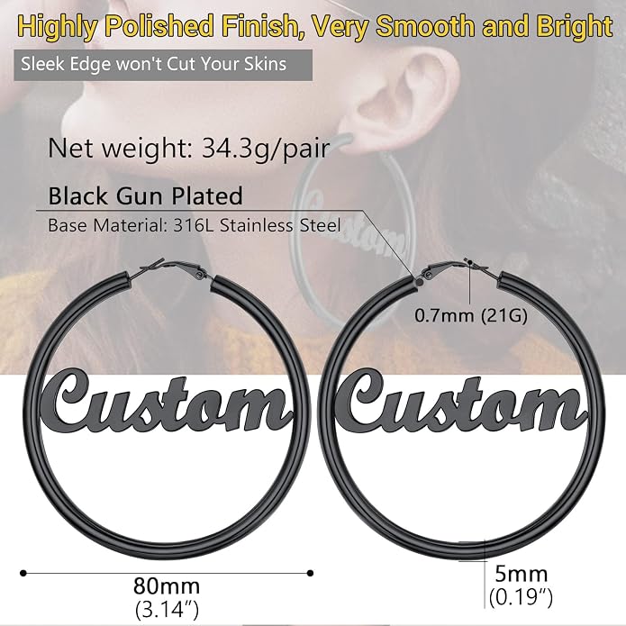 Stainless Steel Chunky Hoop Earrings For Women, Minimalist and Chic, Black/Gold Plated, Round Hoops Earrings Hypoallergenic, Size: 30mm/40mm/60mm/80mm, Come with Box