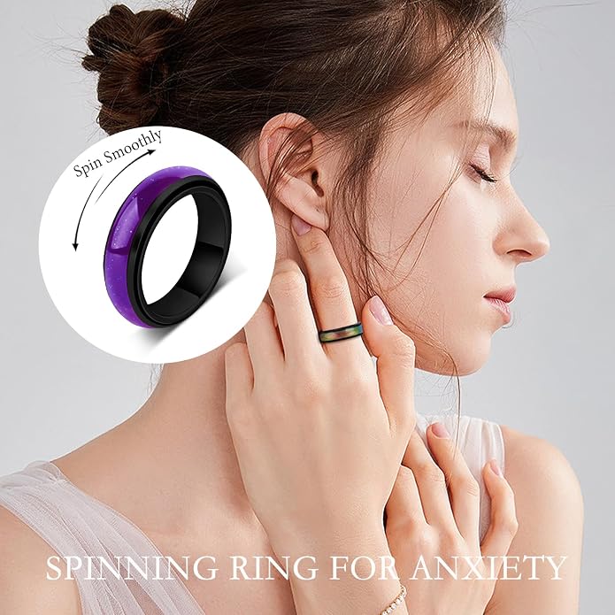 Mood Fidget Ring for Women Teens - 6mm Stainless Steel Temperature Sensative Color Changing Spin Rings for Anxiety Relief Mood Jewelry
