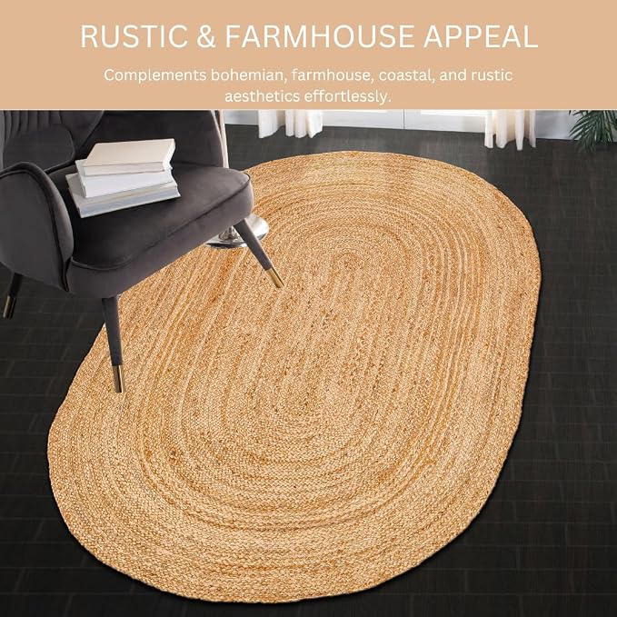 Handcrafted Jute Braided Rug 4x6 Feet Oval - 100% Natural Jute Area Rug - Rustic Farmhouse Boho Accent Rug for Living Room Bedroom Kitchen Entryway Reversible Handwoven Floor Rug
