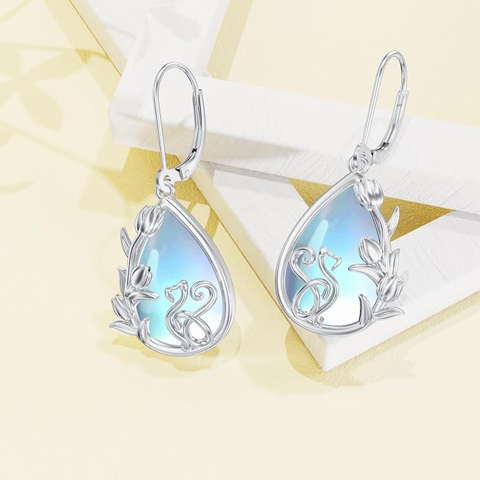 Dorunmo Moonstone Dangle Drop Earrings s925 Sterling Silver Leverback Earrings Filigree Moonstone Jewelry Birthday Gifts for Women