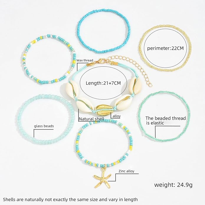 Summer Beach Ankle Bracelets for Women Boho Multilayer Shell Starfish Anklets Bracelets Surfer Heishi Stack Stretch Bracelets Jewelry