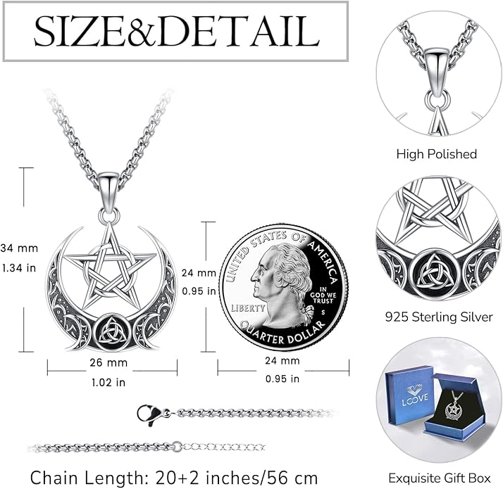 Pentagram Necklace Sterling Silver Triple Moon Goddess/Celtic Knot Witches Knot/Ankh/Sun and Moon/Hecate/Lilith/Santa Muerte/Tetragrammaton Pendant Necklace Pagan Wiccan Magic Egyptian Amulet Jewelry for Women Men