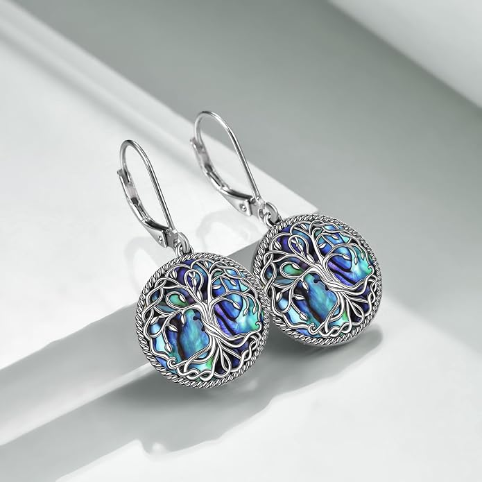POPLYKE Celtic Tree of Life Earrings for Women Sterling Silver Family Tree Abalone Shell/Volcano Crystal Dangle Earrings Jewelry