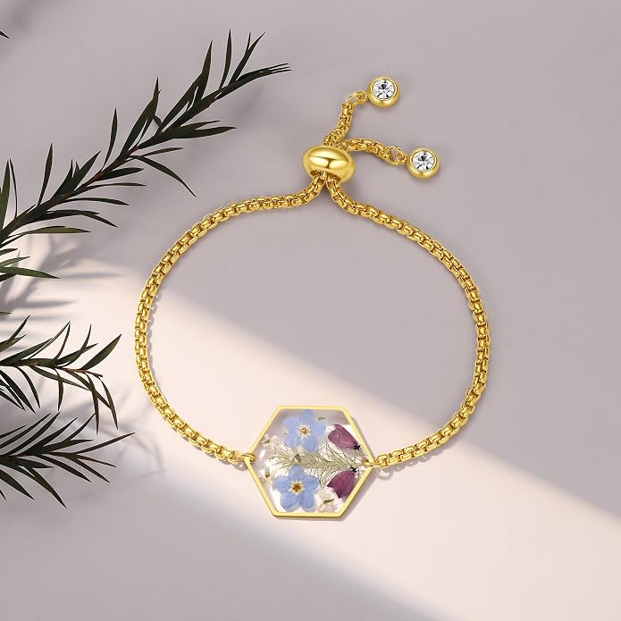 AUNTESIGN Forget-Me-Not Pressed Wildflower Bracelet | Pressed Flower Bracelet | Gold/Silver Pressed Flower Jewelry | Personalized Handmade Jewelry | Gift For Women