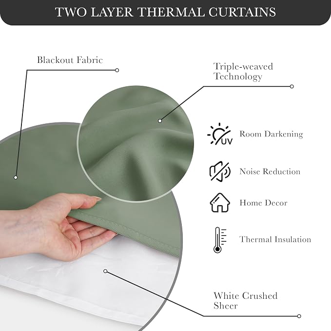 PONY DANCE Room Darkening Curtains with Sheer Overlay, Double Layer Drapes for Living Room, Grommet Thermal Insulated Curtains for Bedroom, 2 Panels Each 52 x 84 Inch, Sage Green