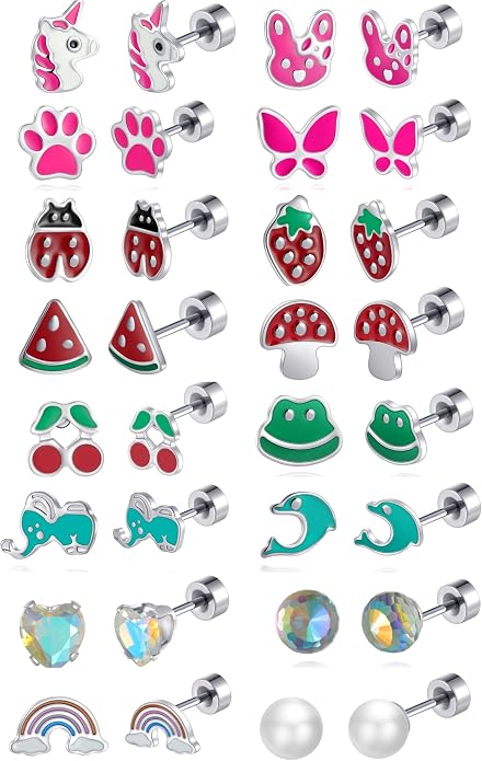 16 Pairs Hypoallergenic Screw Back Earrings for Women Girls 316L Stainless Steel Unicorn Butterfly Strawberry Cherry Flat Back Stud Earrings Jewelry Gift