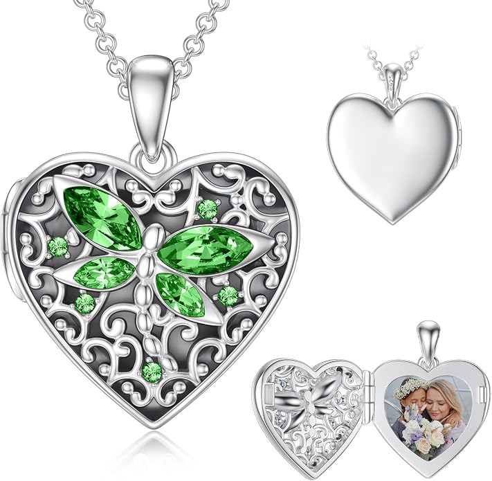 Dorunmo Personalized Locket Necklace 925 Sterling Silver that Holds Pictures Butterfly Birthstone Photo Heart Locket Custom Jewelry Congratulations New Beginnings New Job Gifts for Women