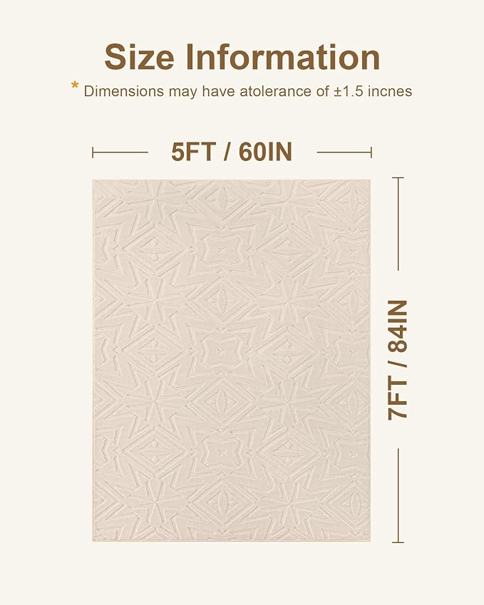 Carvapet 5x7 Area Rug - Beige Modern 3D High Low Pile Texture Floor Carpet, Washable Soft Plush Velvet Rug with Skid-Resistant Rubber Backing for Living Room Bedroom Nursery